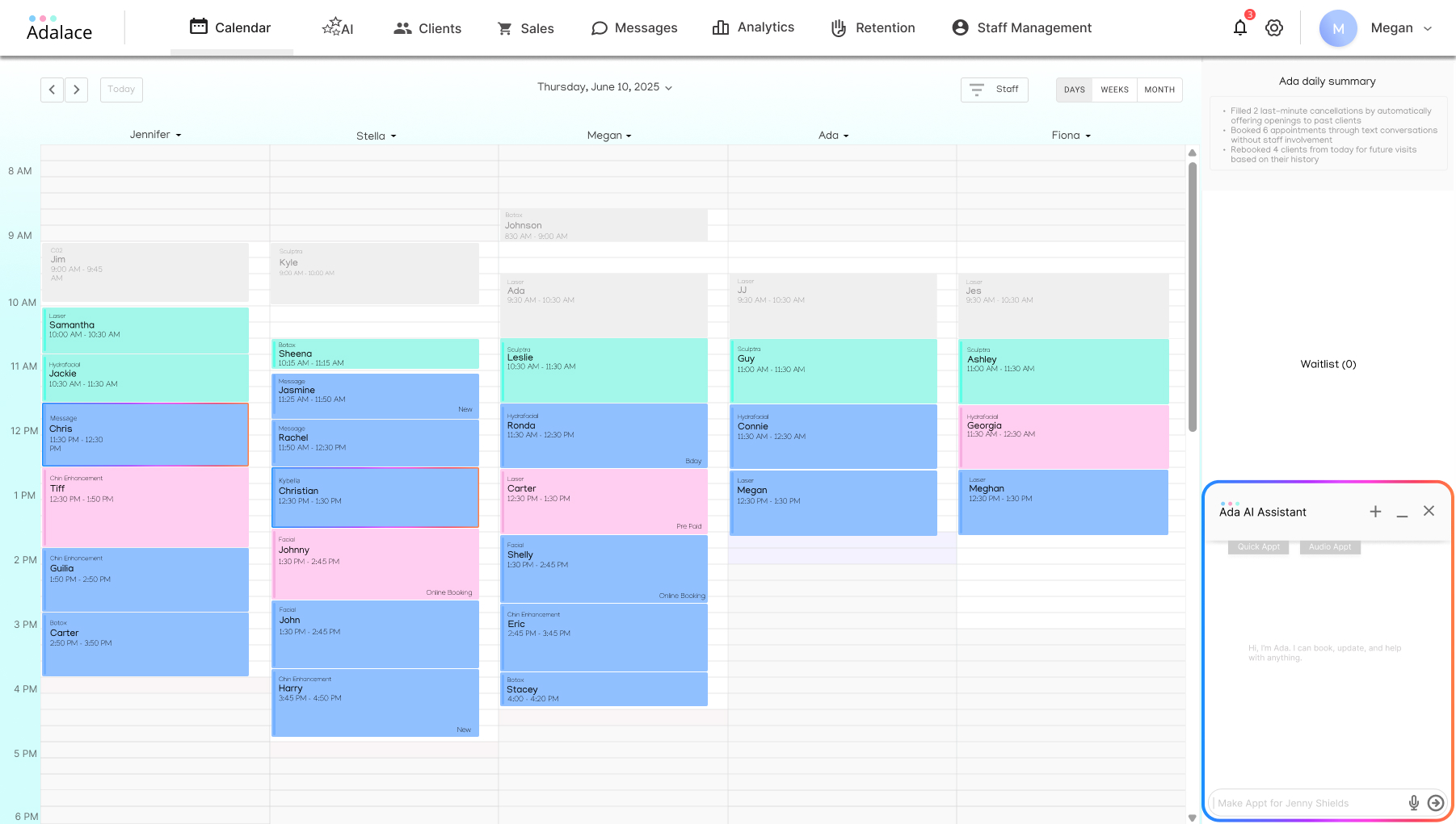 Adalace calendar dashboard with Ada AI Assistant